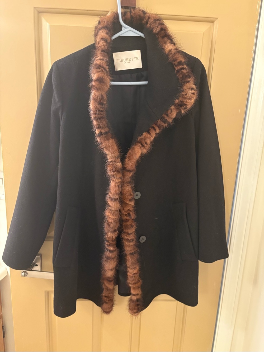 Black Pea Coat with Brown Fur Trim